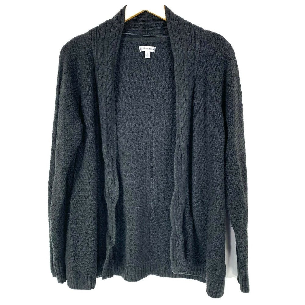 Croft & Barrow L Large Sweater Cardigan Open Front Gray Cable Knit Edge Cotton